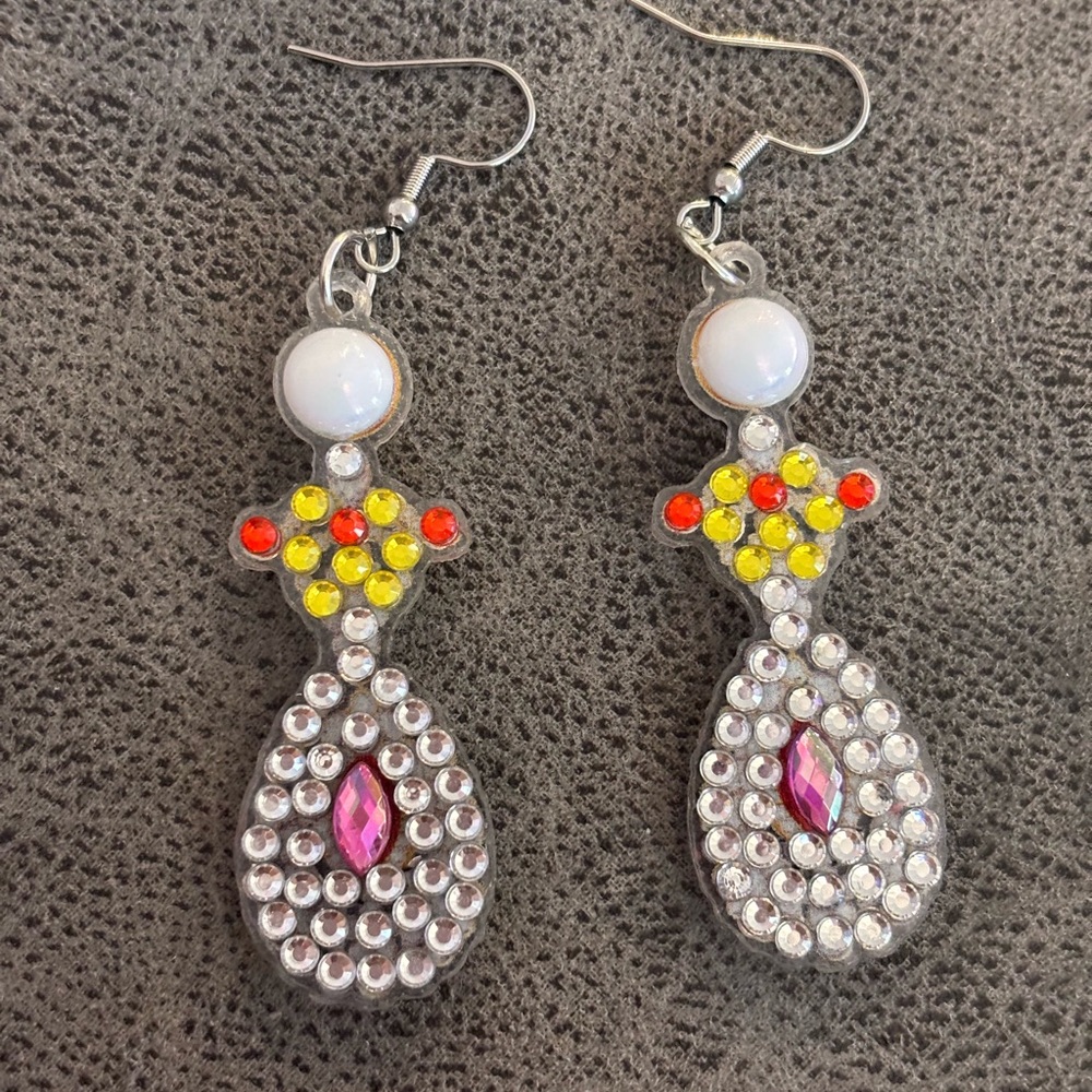 Handmade Diamond Chic Silver Earrings with Pink and Yellow Accents.